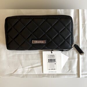 NWT Calvin Klein Black Quilted Leather Zip Long Wallet